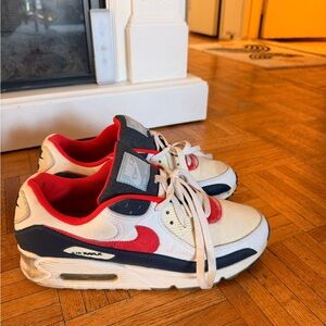 Nike Air Max Athletic Shoes - White, Red, and Blue